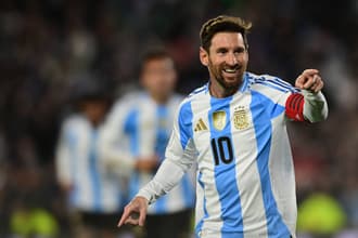 Lionel Messi celebrates scoring for Argentina against Venezuela, 2026 World Cup qualifying