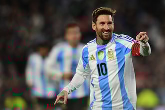 Lionel Messi celebrates scoring for Argentina against Venezuela, 2026 World Cup qualifying