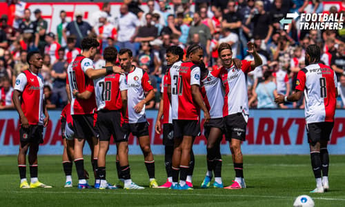 ROTTERDAM, 11-07-2026, Stadium Feijenoord de Kuip , Pre-season friendly Feyenoord - Club Brugge , Season 2026 2027 , Picture shows Feyenoord player Givairo Read, Feyenoord player Charles Vanhoutte, Feyenoord player Goncalo Borges, Feyenoord player C...