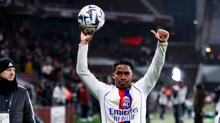 Endrick celebrates scoring a hat-trick for Lyon against Metz in Ligue 1