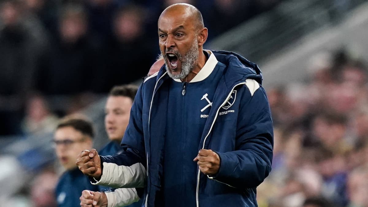 West Ham manager Nuno Espirito Santo celebrates his team scoring against Everton