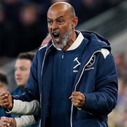 West Ham manager Nuno Espirito Santo celebrates his team scoring against Everton