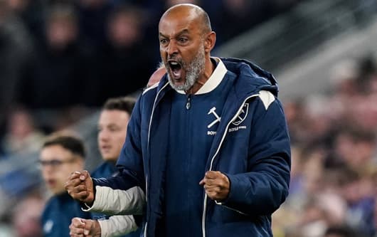 West Ham manager Nuno Espirito Santo celebrates his team scoring against Everton