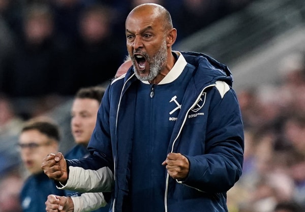 West Ham manager Nuno Espirito Santo celebrates his team scoring against Everton