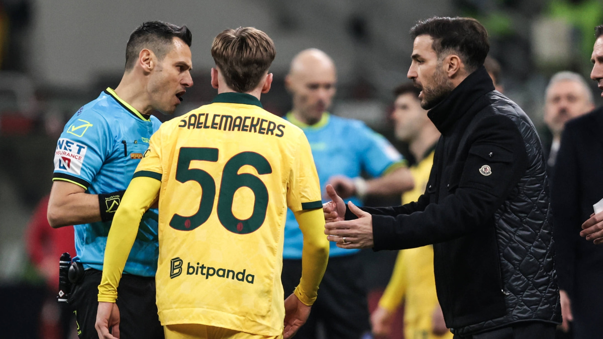 Como manager Cesc Fabregas clashes with AC Milan winger Alexis Saelemaekers