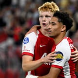 ALKMAAR - Kees Smit and Ro-Zangelo Daal of AZ after their 1-0 during the Dutch Eredivisie match between AZ Alkmaar and ADO Den Haag at the AFAS Stadium on August 8, 2026 in Alkmaar, the Netherlands. OLAF KRAAK ANP Eredivisie 2026 27 xVIxANPxSportx x...