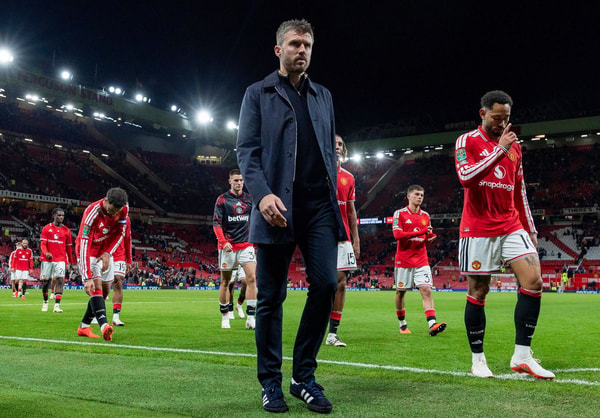 Michael Carrick following Manchester United's Carabao Cup loss to Brighton at Old Trafford, 2026/27
