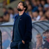 Rangers manager Russell Martin reacts during the Champions League playoff loss to Club Brugge, 2025/26