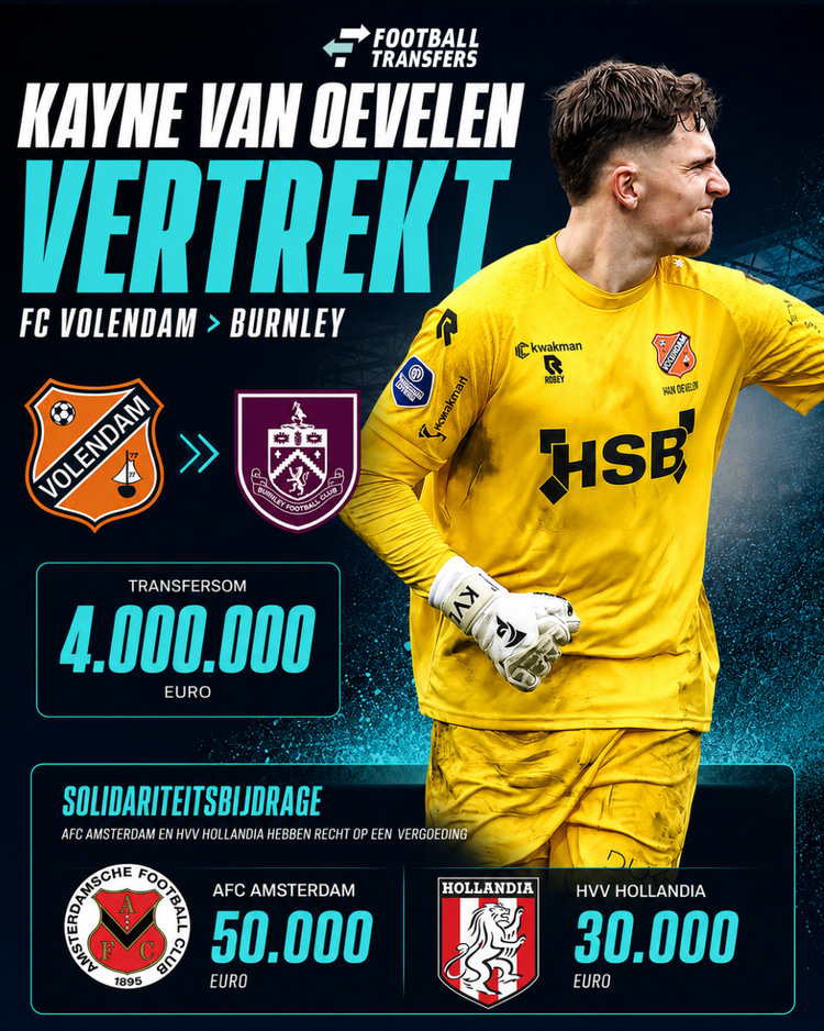 Zowel AFC Amsterdam als HVV Hollandia uit Hoorn heeft recht op een zogeheten solidariteitsbijdrage bij de transfer van Kayne van Oevelen.