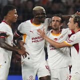 Istanbul Basaksehir v Galatasaray - Turkish Super Lig ISTANBUL, TURKIYE - SEPTEMBER 4: Victor Osimhen (45) of Galatasaray celebrates a goal with his team members during the Turkish Super Lig 4th week football match between Istanbul Basaksehir and Ga...