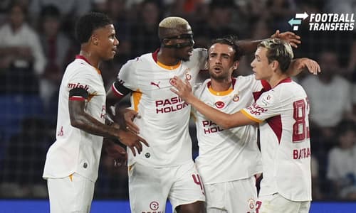 Istanbul Basaksehir v Galatasaray - Turkish Super Lig ISTANBUL, TURKIYE - SEPTEMBER 4: Victor Osimhen (45) of Galatasaray celebrates a goal with his team members during the Turkish Super Lig 4th week football match between Istanbul Basaksehir and Ga...