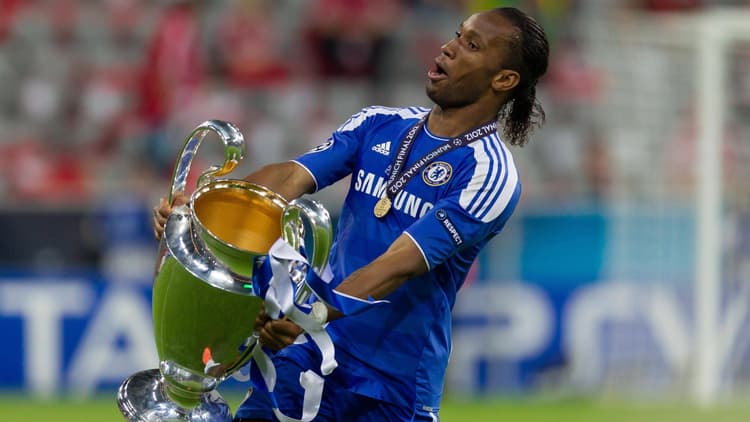 Didier Drogba celebrates Chelsea's 2012 Champions League success