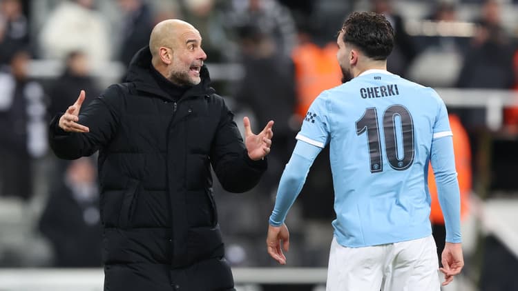 Pep Guardiola and Rayan Cherki, Man City