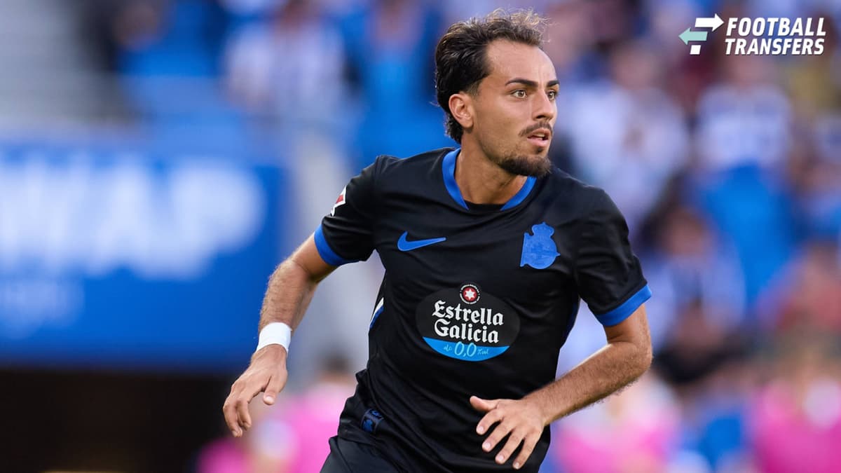 Real Sociedad v RC Deportivo de A Coruna - LaLiga EA Sports Giacomo Quagliata of RC Deportivo de A Coruna in action during the LaLiga EA Sports match between Real Sociedad and RC Deportivo de A Coruna at Anoeta on October 11, 2026, in San Sebastian,...