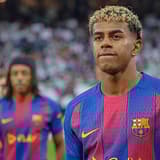 Lamine Yamal of Barcelona reacts after El Clasico