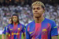 Lamine Yamal of Barcelona reacts after El Clasico