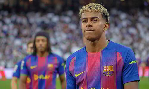 Lamine Yamal of Barcelona reacts after El Clasico