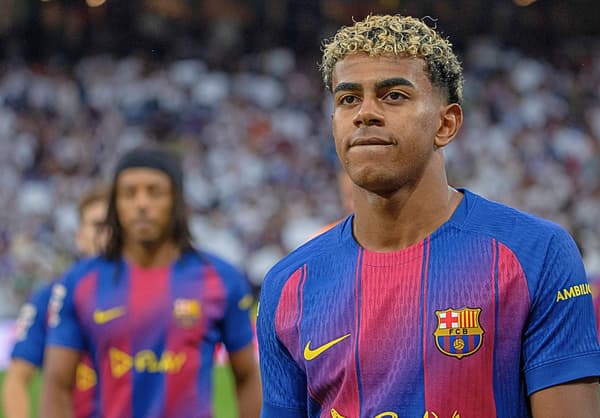 Lamine Yamal of Barcelona reacts after El Clasico