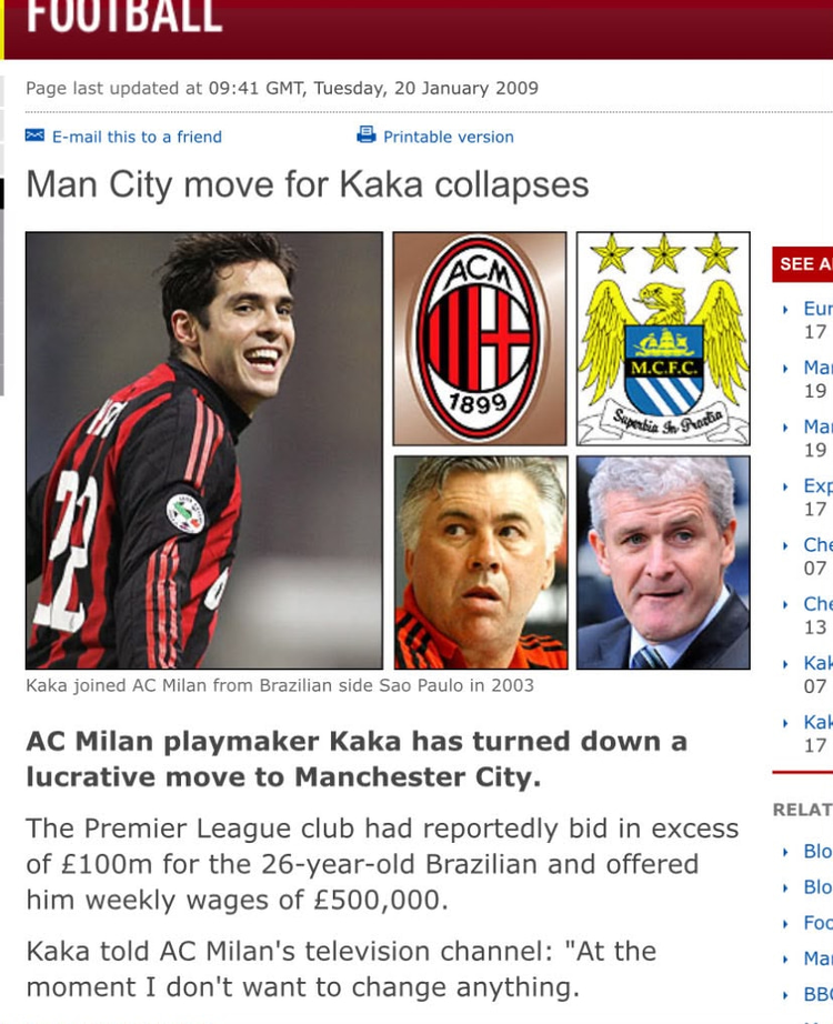 Kaka turned down a move to City