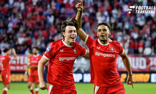 ENSCHEDE , 06Ã08-2026 , Stadium Grolsch Veste , season 2026 2027 , UEFA Europa League play-off football , match between FC Twente and FC DAC 1904 , picture shows FC Twente player Daouda Weidmann scores the 3-0 and celebrates Twente - DAC 1904  x205...