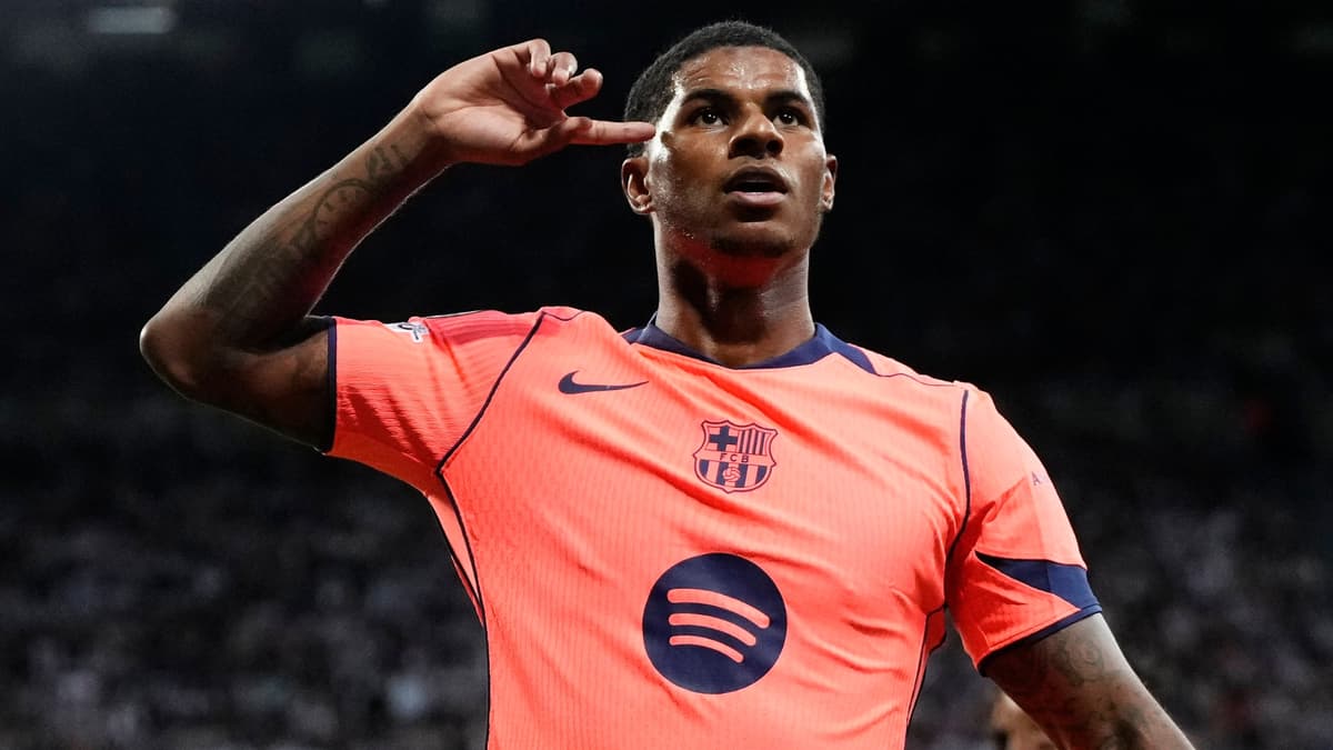 Barcelona's Marcus Rashford celebrates scoring against Newcastle in the Champions League, 2025/26