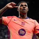 Barcelona's Marcus Rashford celebrates scoring against Newcastle in the Champions League, 2025/26