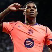 Barcelona's Marcus Rashford celebrates scoring against Newcastle in the Champions League, 2025/26