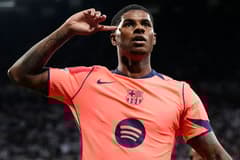 Barcelona's Marcus Rashford celebrates scoring against Newcastle in the Champions League, 2025/26