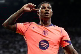 Barcelona's Marcus Rashford celebrates scoring against Newcastle in the Champions League, 2025/26