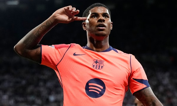 Barcelona's Marcus Rashford celebrates scoring against Newcastle in the Champions League, 2025/26