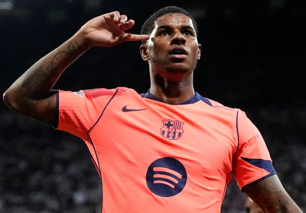 Barcelona's Marcus Rashford celebrates scoring against Newcastle in the Champions League, 2025/26