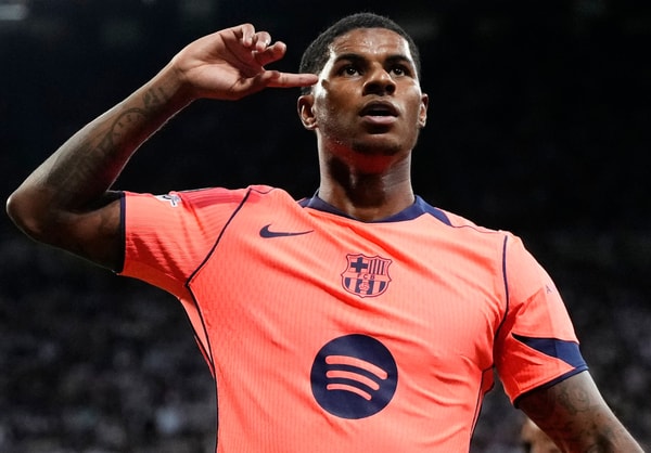 Barcelona's Marcus Rashford celebrates scoring against Newcastle in the Champions League, 2025/26
