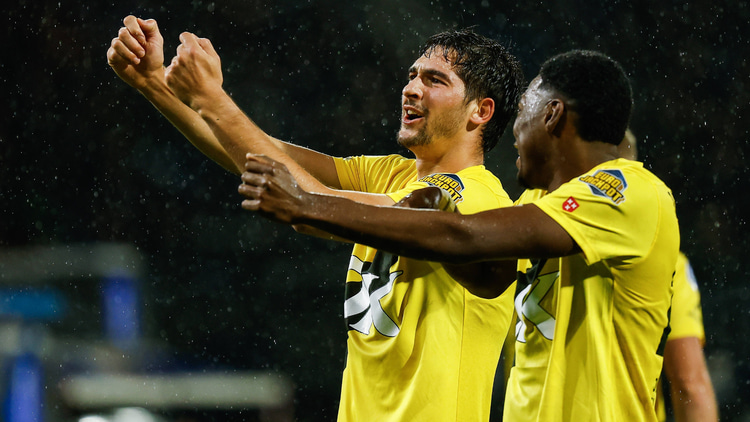 Leo Greiml na zijn treffer voor NAC Breda tegen SC Heerenveen (3-3).