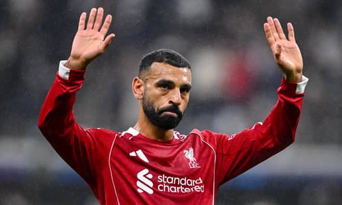 Mohamed Salah of Liverpool reacts after the 2025/26 Champions League clash with Eintracht Frankfurt