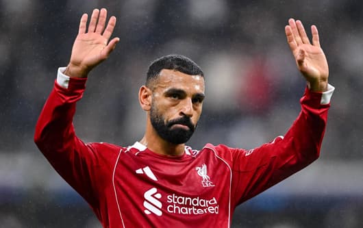 Mohamed Salah of Liverpool reacts after the 2025/26 Champions League clash with Eintracht Frankfurt