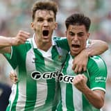 Real Betis Balompie vs FC Barcelona, Barca - LaLiga EA Sports - 17 10 2026 Valentin Gomez of Real Betis (R) celebrates his goal with Diego Llorente of Real Betis (L) during the LaLiga EA Sports match between Real Betis Balompie and FC Barcelona at L...
