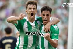 Real Betis Balompie vs FC Barcelona, Barca - LaLiga EA Sports - 17 10 2026 Valentin Gomez of Real Betis (R) celebrates his goal with Diego Llorente of Real Betis (L) during the LaLiga EA Sports match between Real Betis Balompie and FC Barcelona at L...