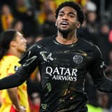 PSG's Ibrahim Mbaye celebrates scoring against Lens in Ligue 1, May 2026
