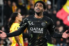 PSG's Ibrahim Mbaye celebrates scoring against Lens in Ligue 1, May 2026