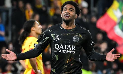 PSG's Ibrahim Mbaye celebrates scoring against Lens in Ligue 1, May 2026