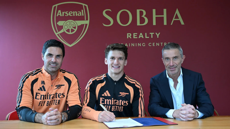 Mikel Arteta (left), Christos Tzolis (centre) and Andrea Berta (right)