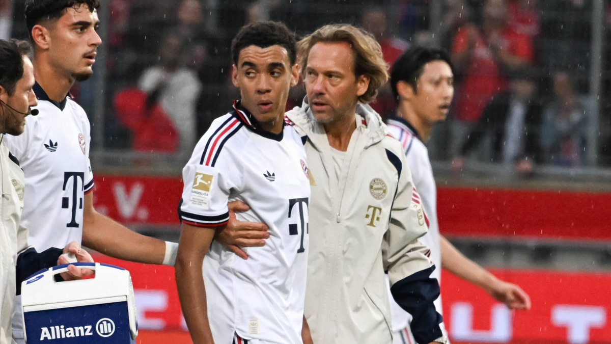 Bayern Munich's Jamal Musiala collapsed against RB Leipzig