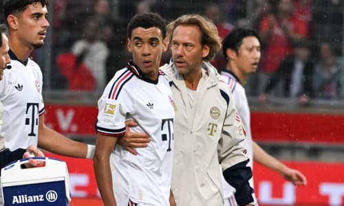 Bayern Munich's Jamal Musiala collapsed against RB Leipzig