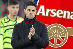 Mikel Arteta with the Arsenal logo and Kai Havertz in the background
