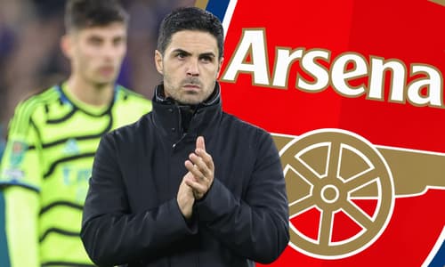 Mikel Arteta with the Arsenal logo and Kai Havertz in the background