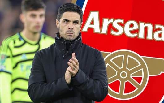 Mikel Arteta with the Arsenal logo and Kai Havertz in the background