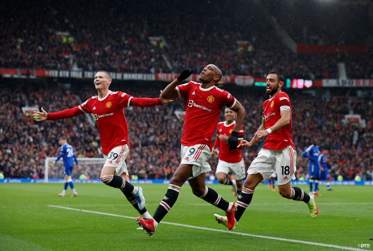Anthony Martial celebrates with Man Utd team-mates Scott McTominay and Bruno Fernandes
