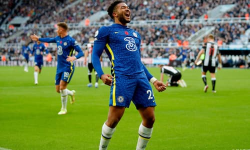 Chelsea's Reece James celebrates scoring against Newcastle