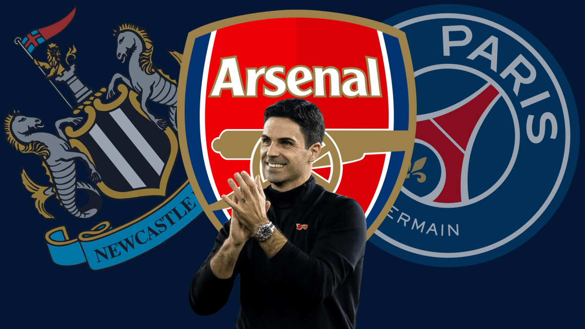 Mikel Arteta in front of the Newcastle, Arsenal and PSG club badges