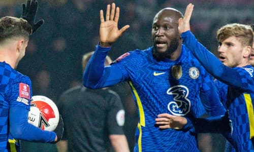 Romelu Lukaku and Timo Werner celebrating a rare goal for Chelsea.